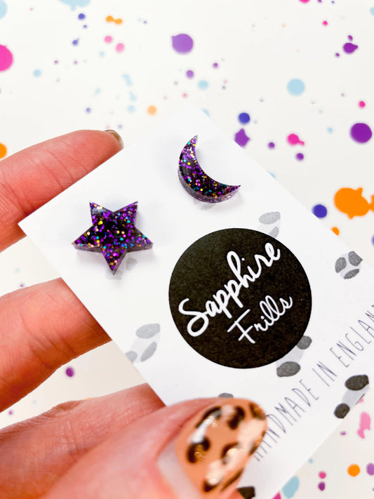 Small Grape Glitter Acrylic Mismatch Star and Moon Studs from Sapphire Frills