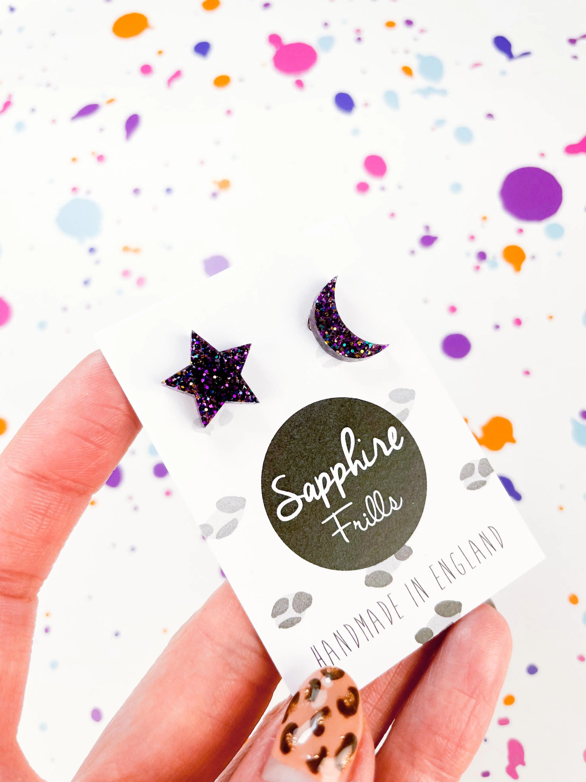 Small Grape Glitter Acrylic Mismatch Star and Moon Studs from Sapphire Frills