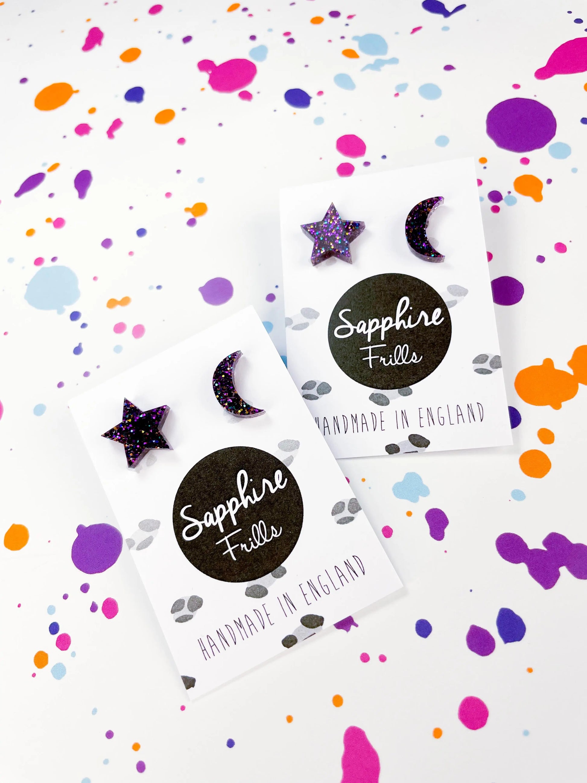 Small Grape Glitter Acrylic Mismatch Star and Moon Studs from Sapphire Frills