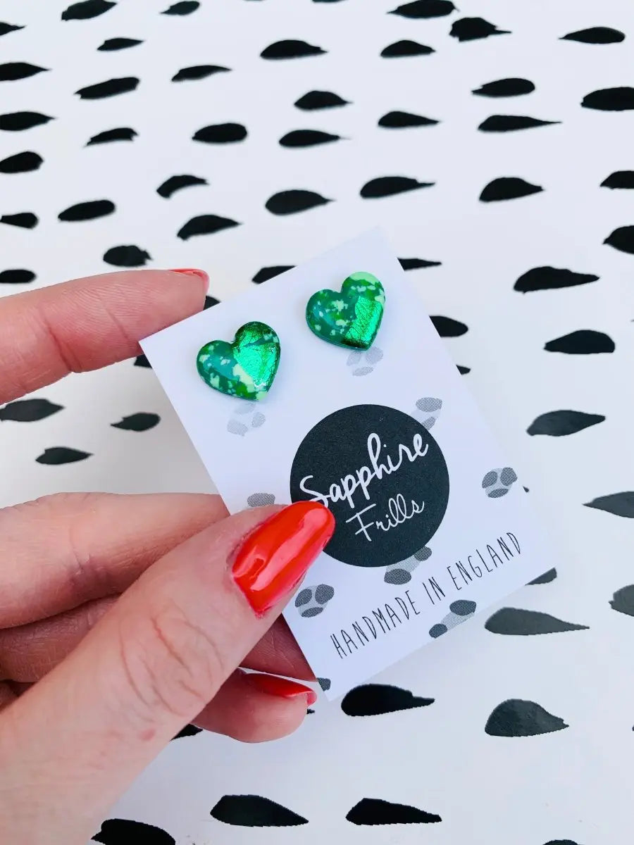 Small Green Speckle Heart Stud Earrings Sapphire Frills