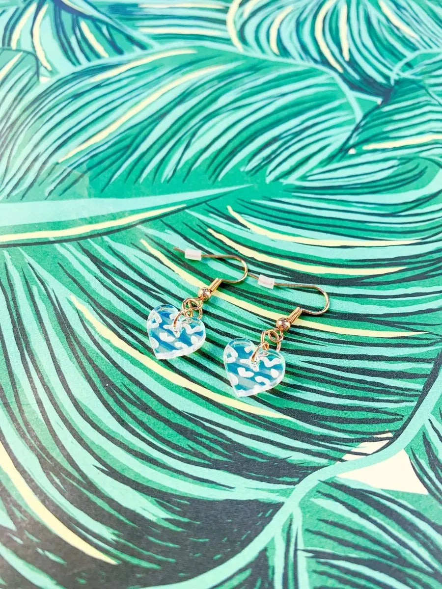 Small Iridescent Leopard Print Acrylic Heart Dangle Earrings Sapphire Frills