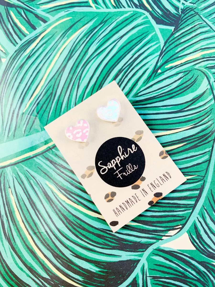 Small Iridescent Leopard Print Acrylic Heart Stud Earrings Sapphire Frills