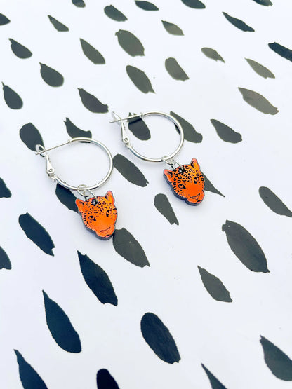 Small Iridescent Orange and Green Acrylic Leopard Face Dangle Earrings from Sapphire Frills