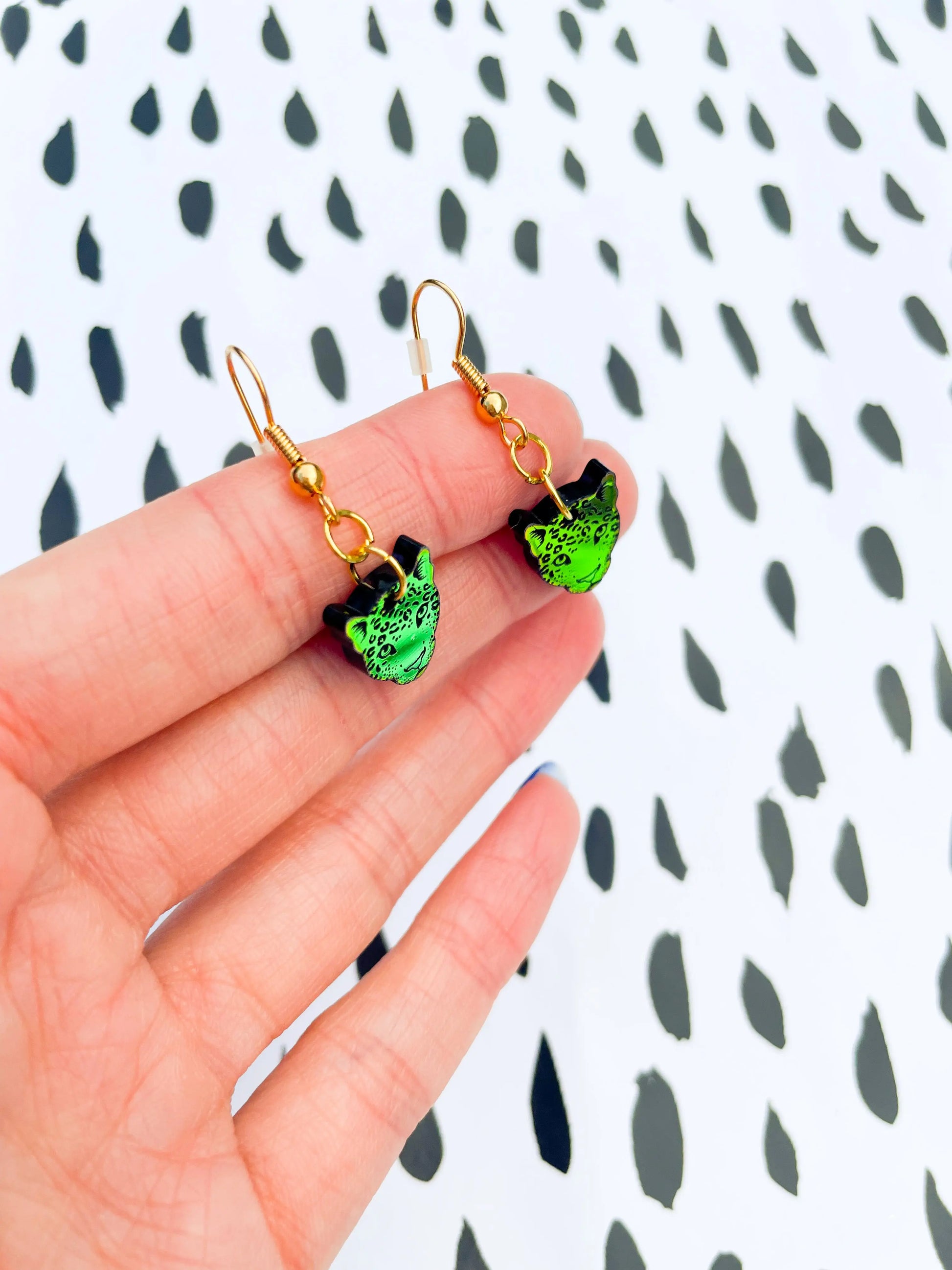Small Iridescent Orange and Green Acrylic Leopard Face Dangle Earrings from Sapphire Frills