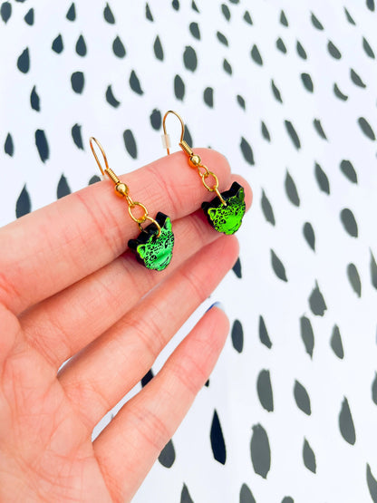 Small Iridescent Orange and Green Acrylic Leopard Face Dangle Earrings from Sapphire Frills