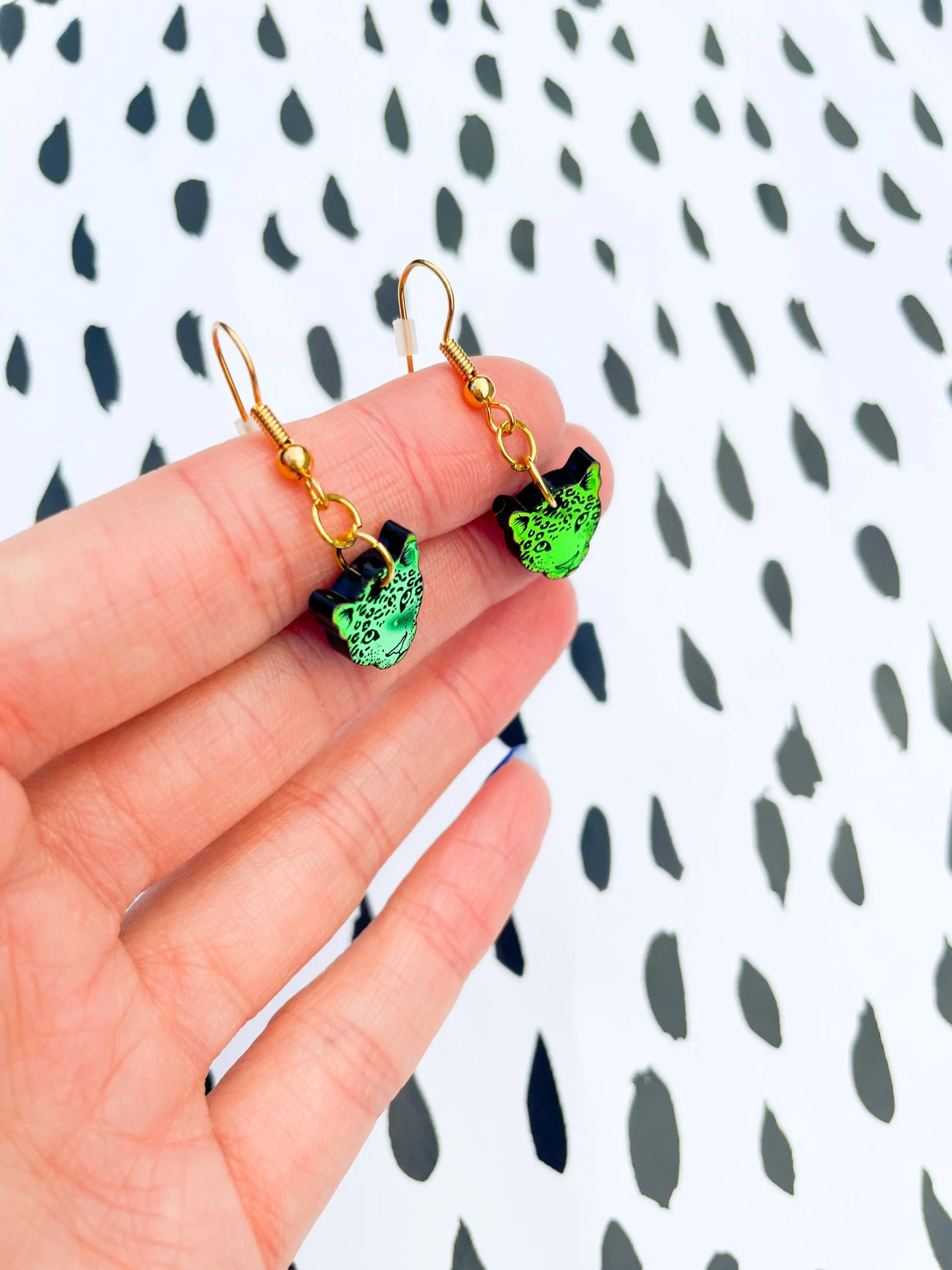Small Iridescent Orange and Green Acrylic Leopard Face Dangle Earrings from Sapphire Frills