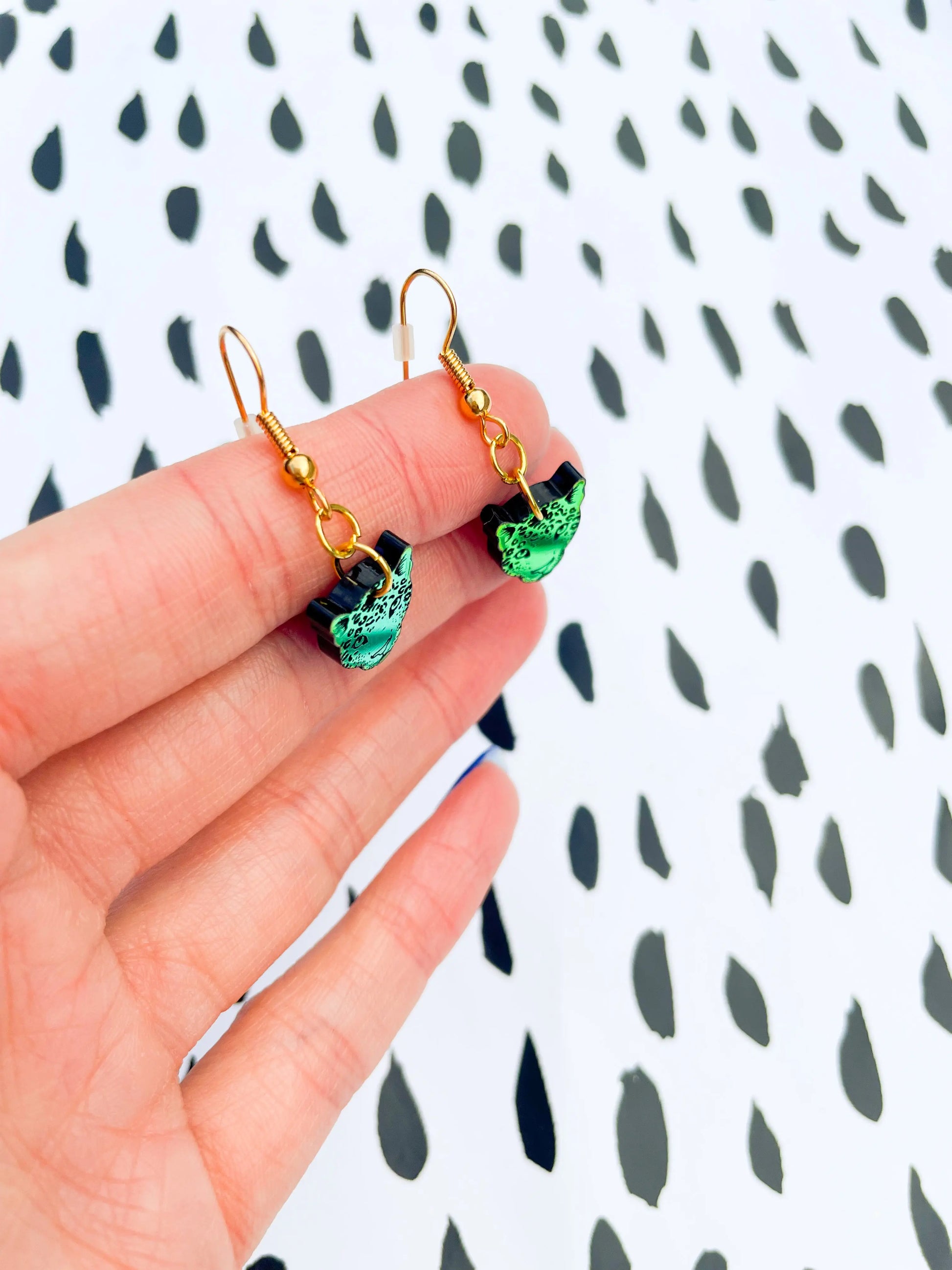 Small Iridescent Orange and Green Acrylic Leopard Face Dangle Earrings from Sapphire Frills