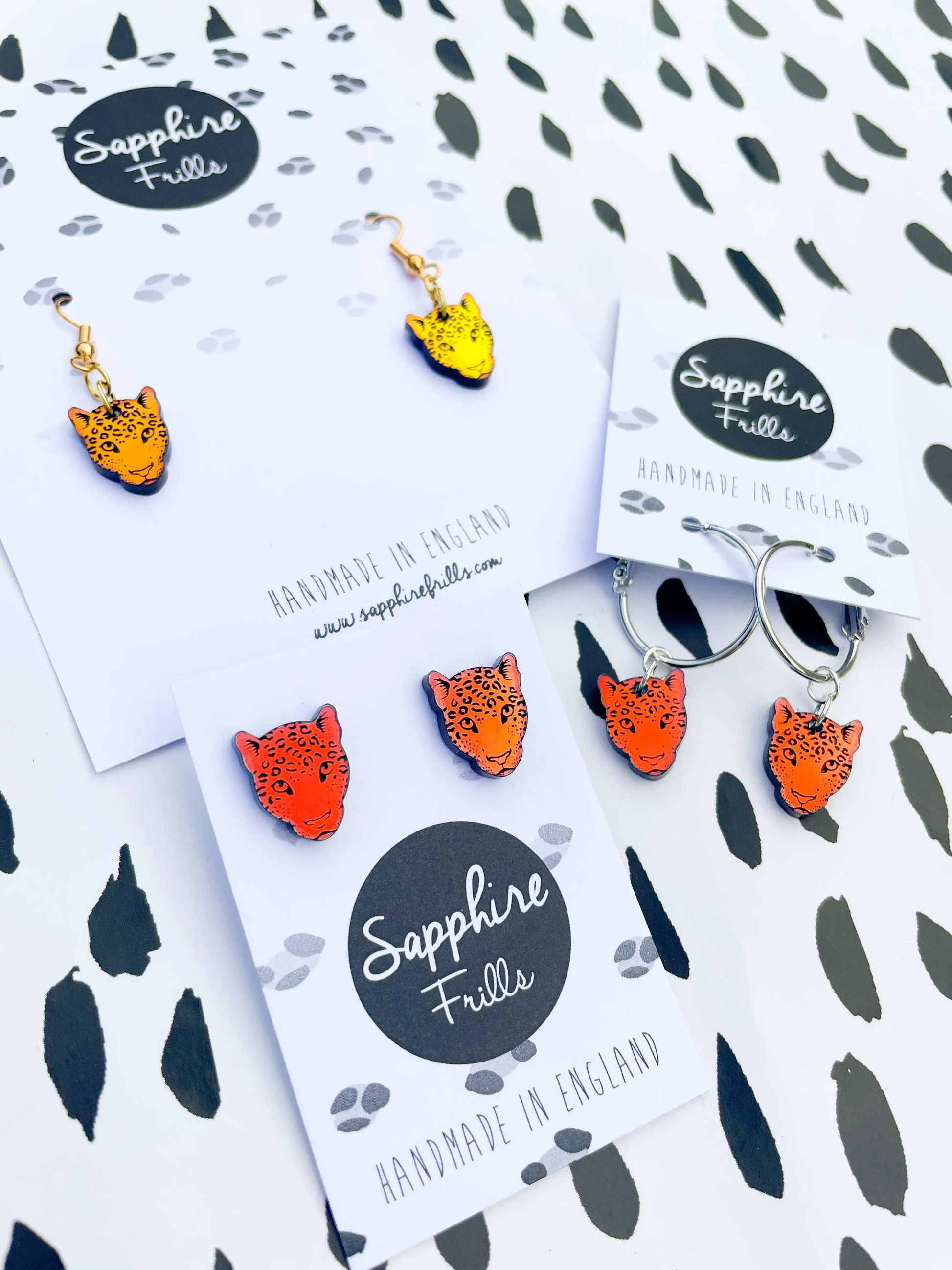 Small Iridescent Orange and Green Acrylic Leopard Face Dangle Earrings from Sapphire Frills