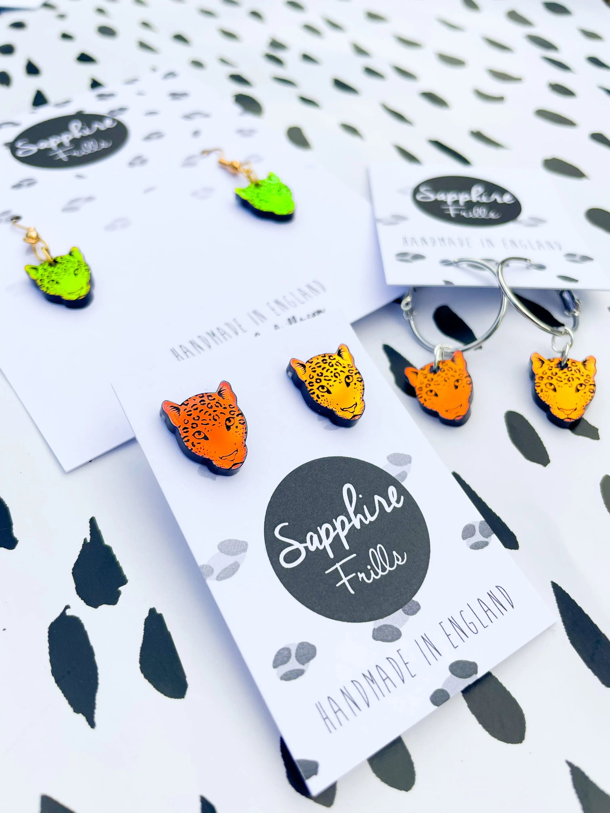 Small Iridescent Orange and Green Acrylic Leopard Face Dangle Earrings from Sapphire Frills