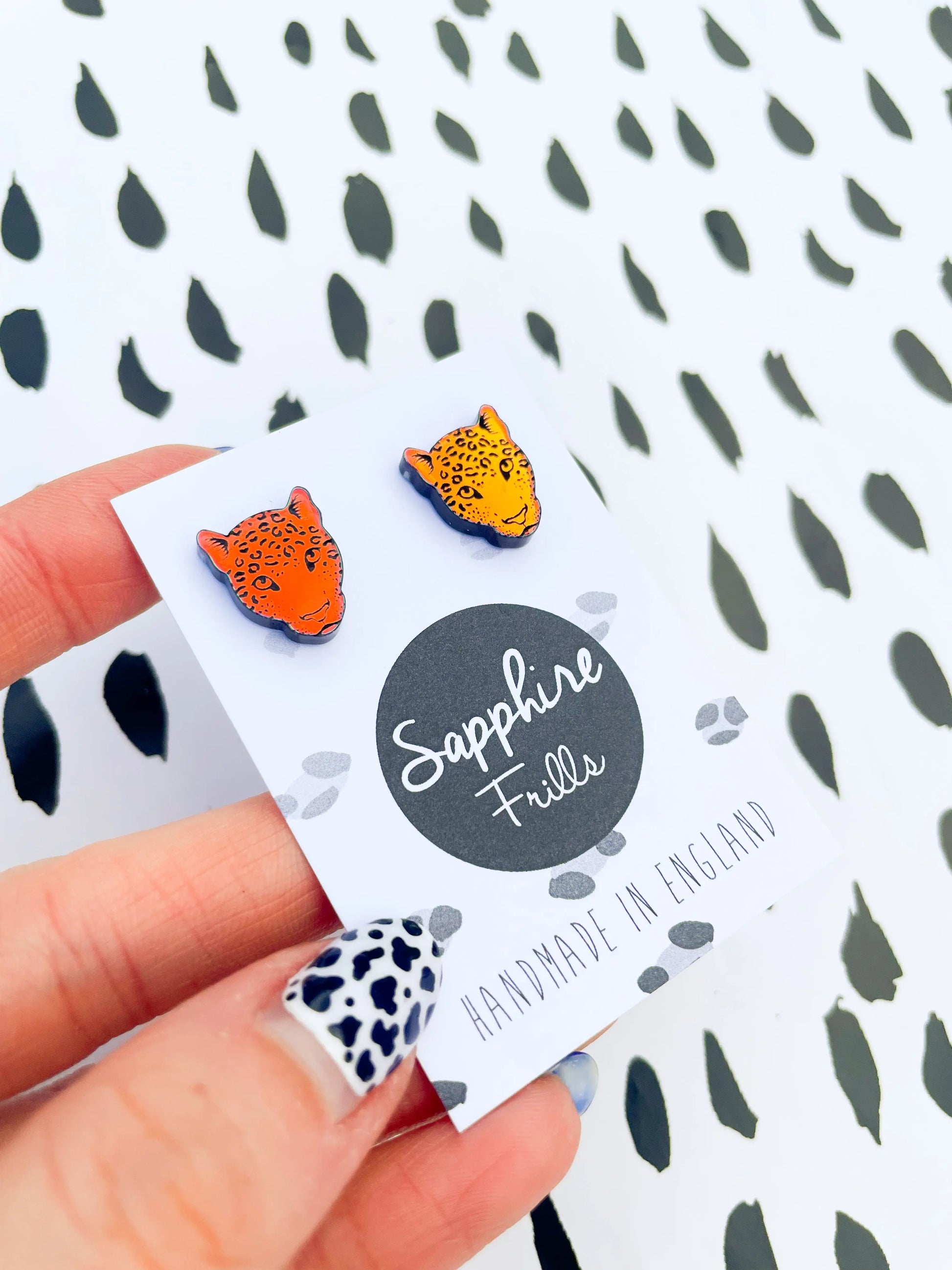Small Iridescent Orange and Green Acrylic Leopard Face Stud Earrings from Sapphire Frills