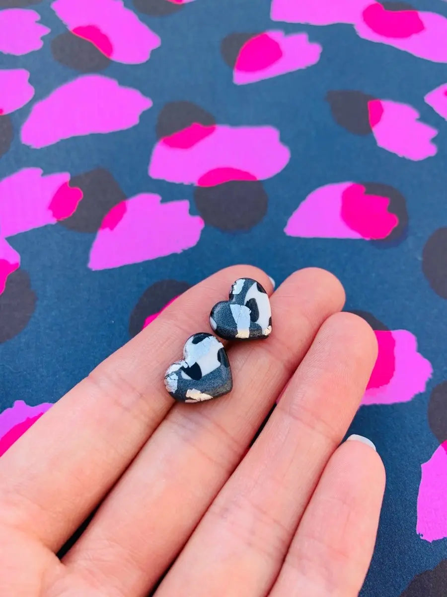 Small Metallic Grey Leopard Print with Silver Heart Stud Earrings Sapphire Frills