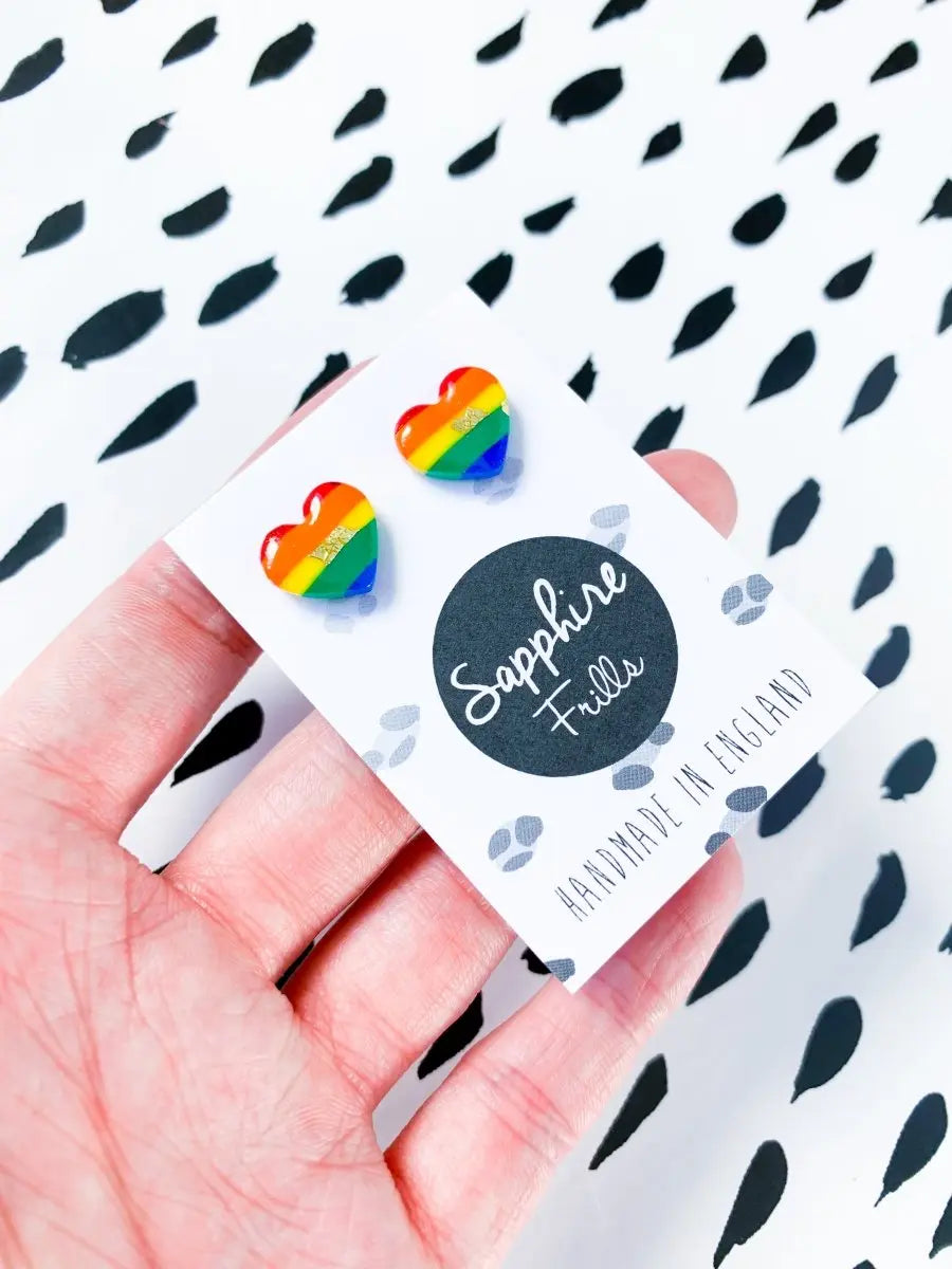 Small Pride Rainbow Stripe Heart Stud Earrings from Sapphire Frills