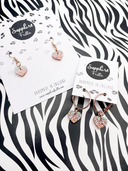 Small Rose Glitter, Mint, Lilac and Peach Leopard Print Acrylic Heart Dangle Earrings from Sapphire Frills