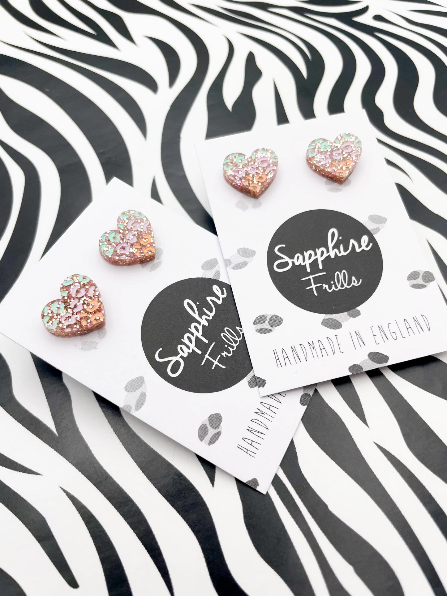 Small Rose Glitter, Mint, Lilac and Peach Leopard Print Acrylic Heart Studs from Sapphire Frills