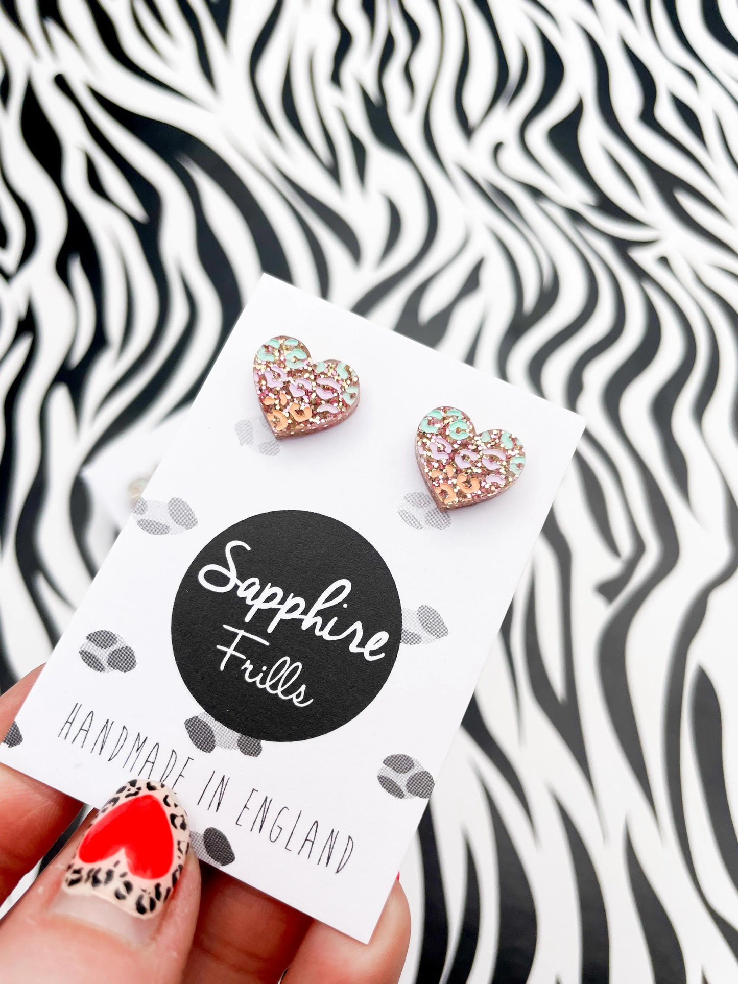 Small Rose Glitter, Mint, Lilac and Peach Leopard Print Acrylic Heart Studs from Sapphire Frills