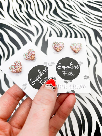 Small Rose Glitter, Mint, Lilac and Peach Leopard Print Acrylic Heart Studs from Sapphire Frills