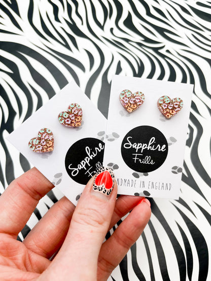 Small Rose Glitter, Mint, Lilac and Peach Leopard Print Acrylic Heart Studs from Sapphire Frills