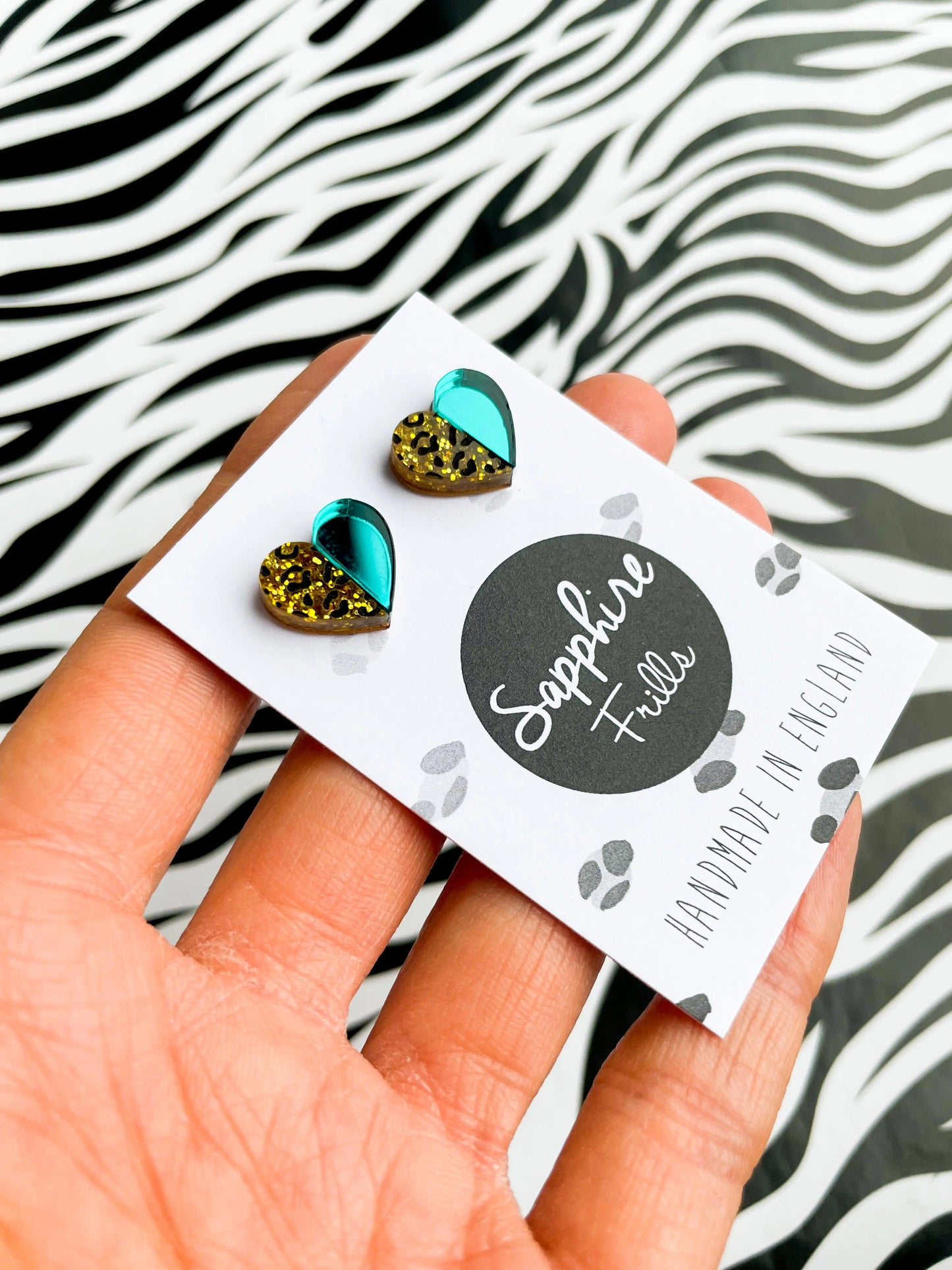 Small Teal Mirror and Gold Glitter Leopard Print Acrylic Heart Studs from Sapphire Frills