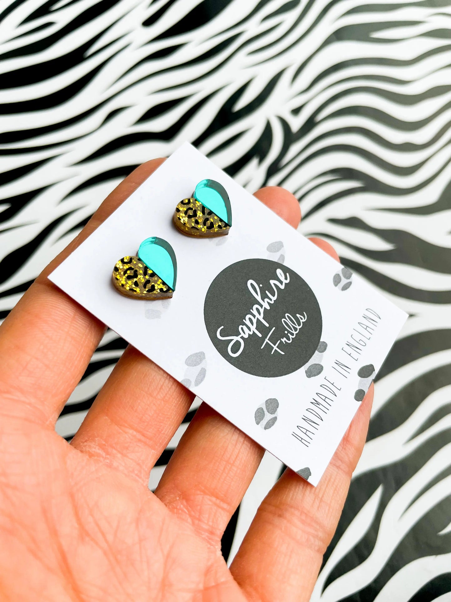 Small Teal Mirror and Gold Glitter Leopard Print Acrylic Heart Studs from Sapphire Frills