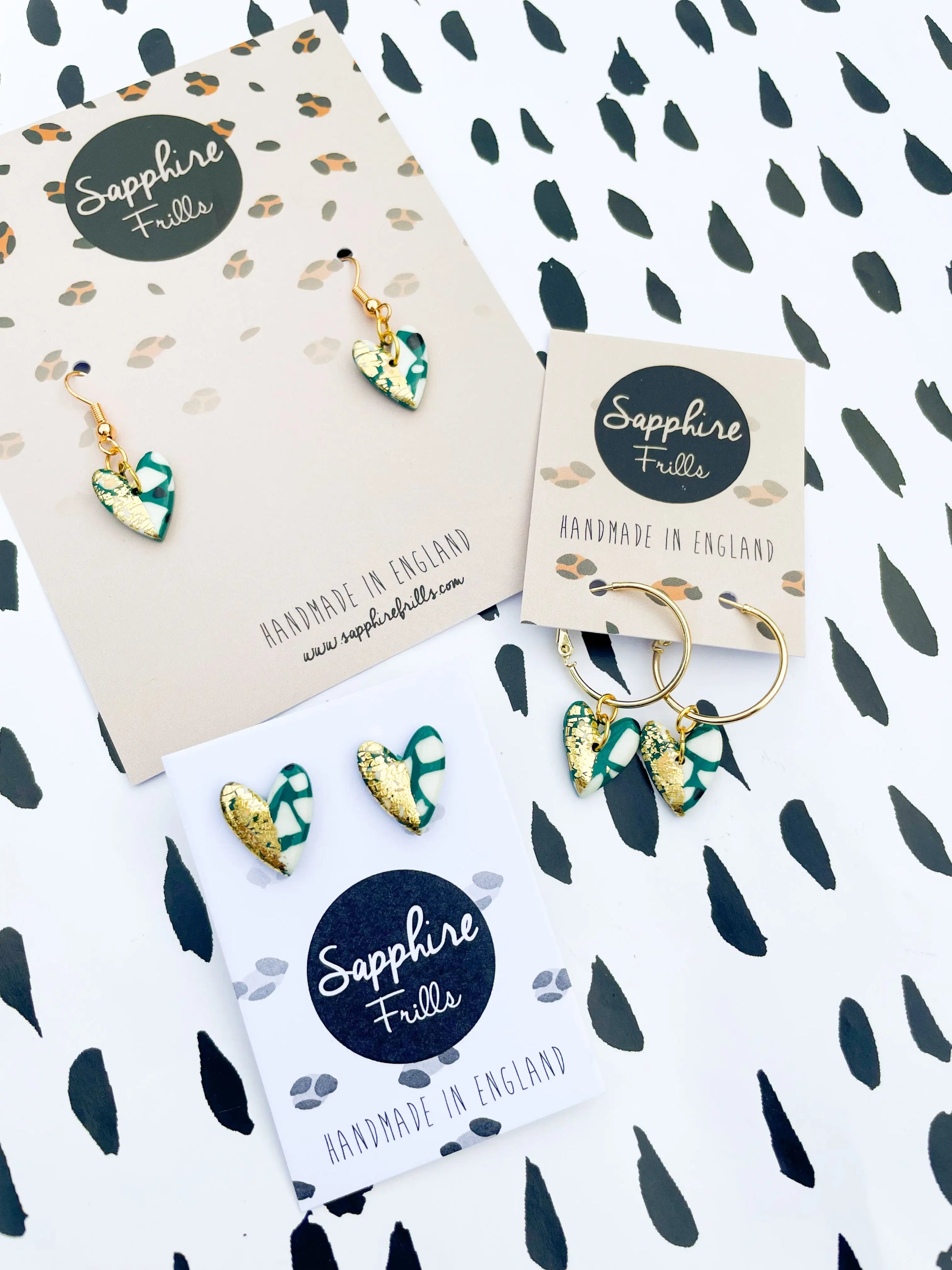 Small Teal and Gold Terrazzo Long Heart Stud Earrings from Sapphire Frills
