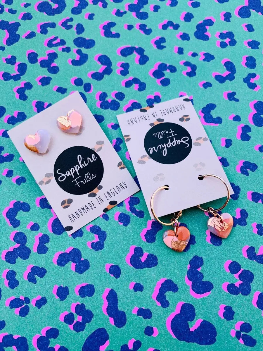 Small Translucent Rose Gold Smudge Print Heart Stud Earrings Sapphire Frills