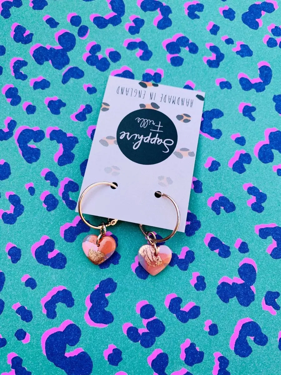 Small Translucent Rose Gold Smudge Print Heart Stud Earrings Sapphire Frills