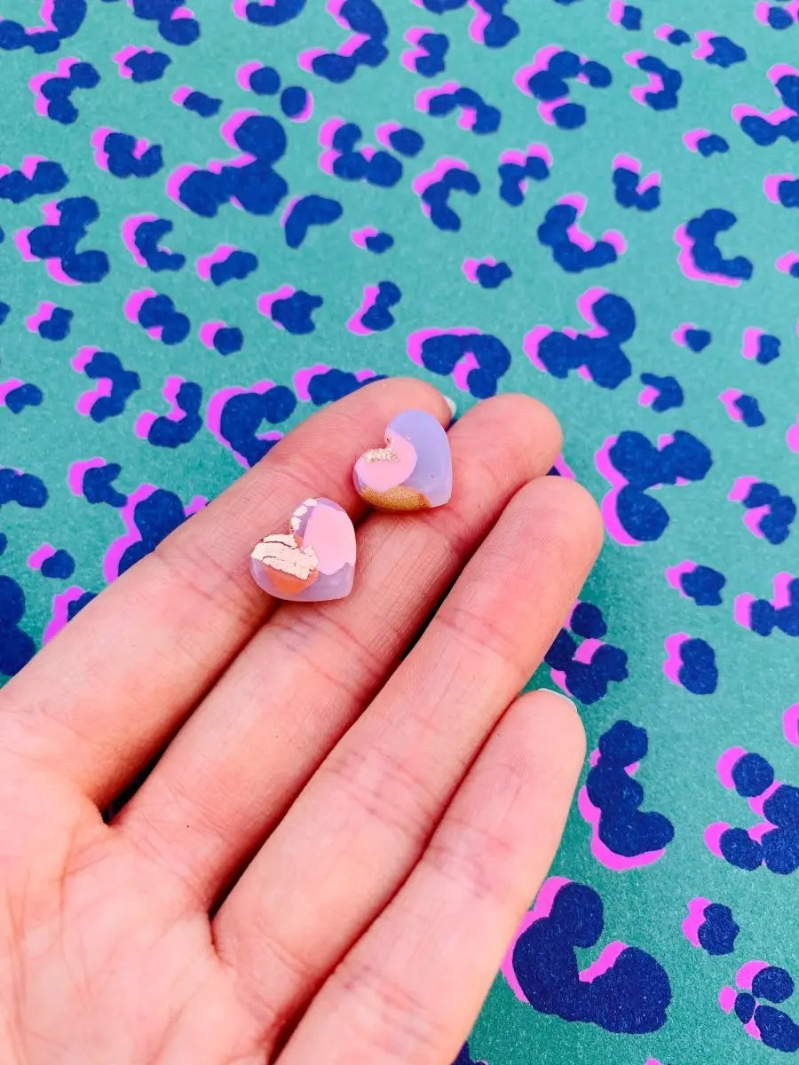 Small Translucent Rose Gold Smudge Print Heart Stud Earrings Sapphire Frills