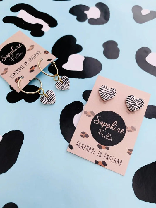 Small White Zebra Print Heart Stud Earrings Sapphire Frills
