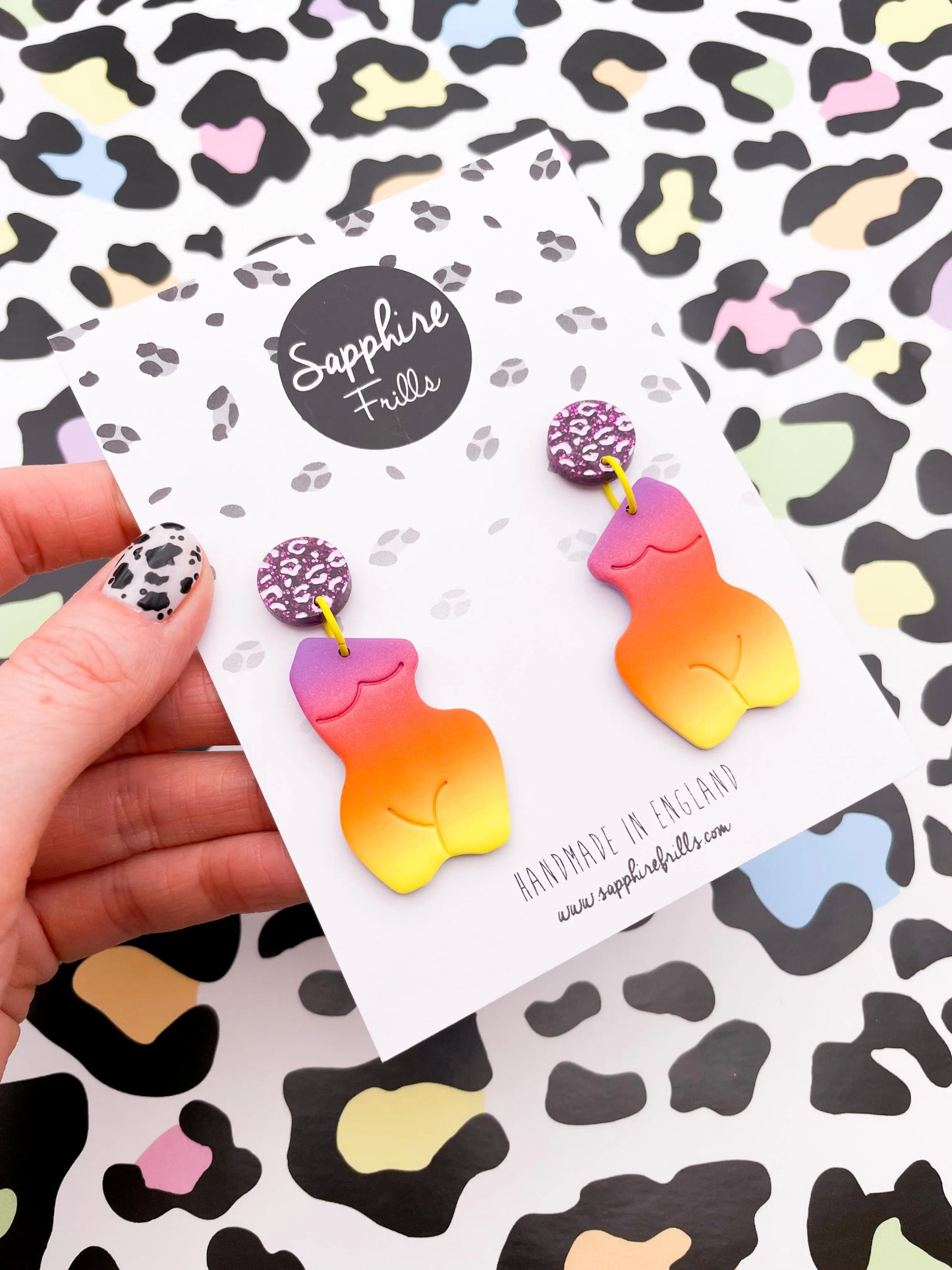 Sunset Ombre Leopard Print Curvy Body Dangle Earrings from Sapphire Frills