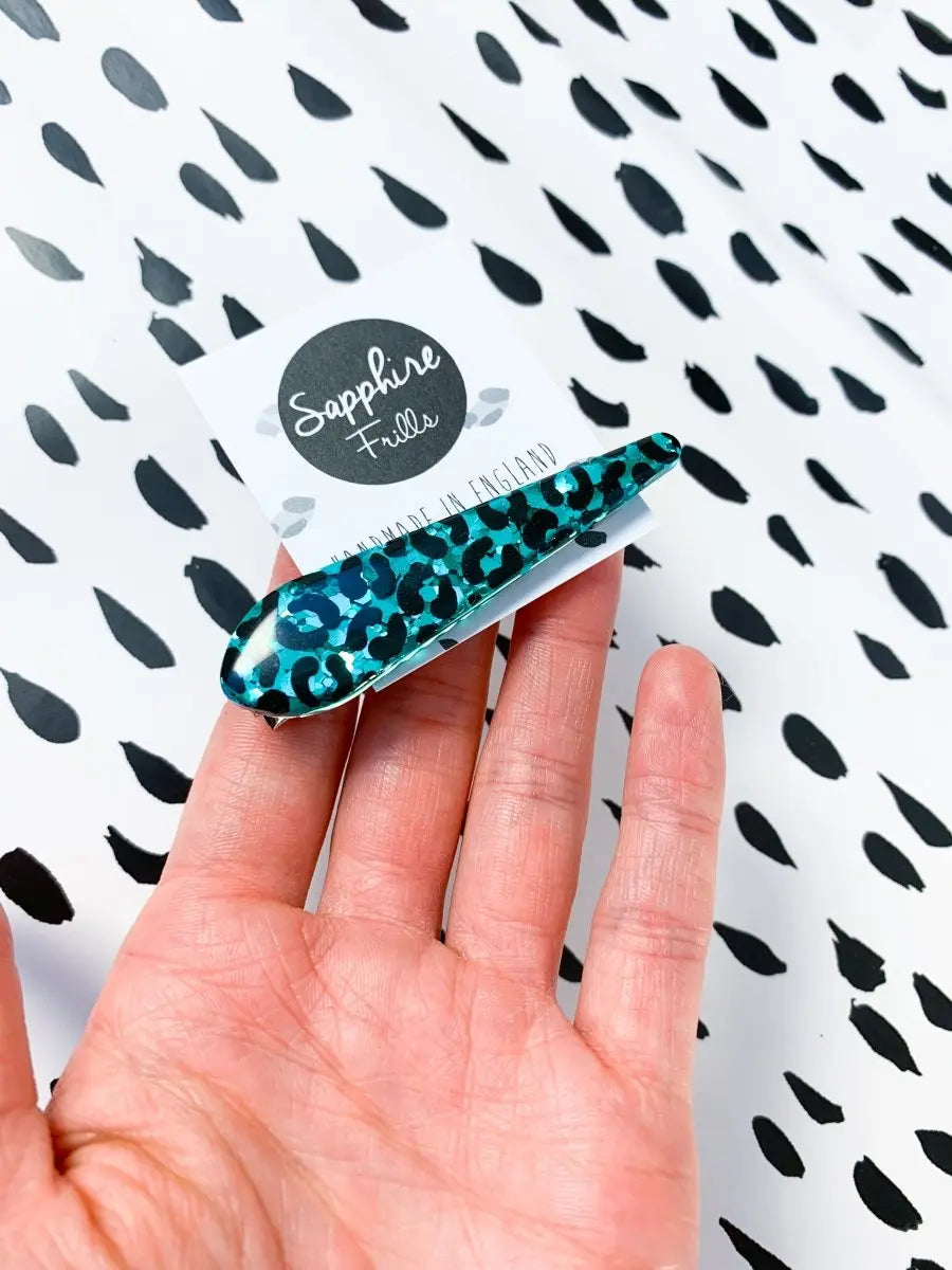 Teal Glitter Leopard Print Hair Clips from Sapphire Frills