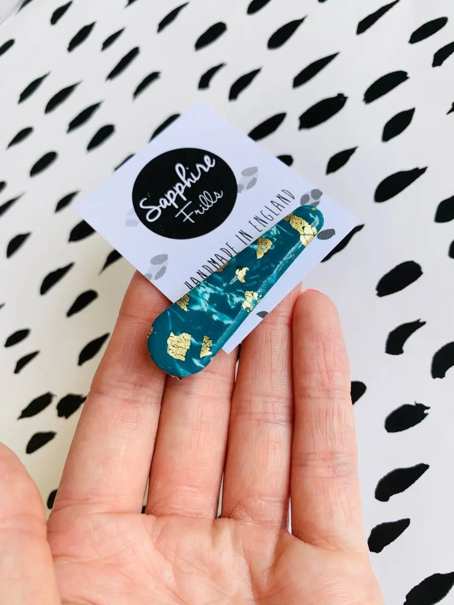 Teal and Gold Marble Hair Clips from Sapphire Frills