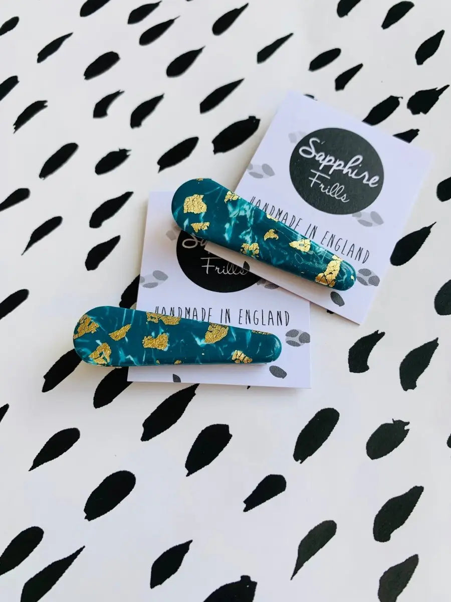 Teal and Gold Marble Hair Clips from Sapphire Frills