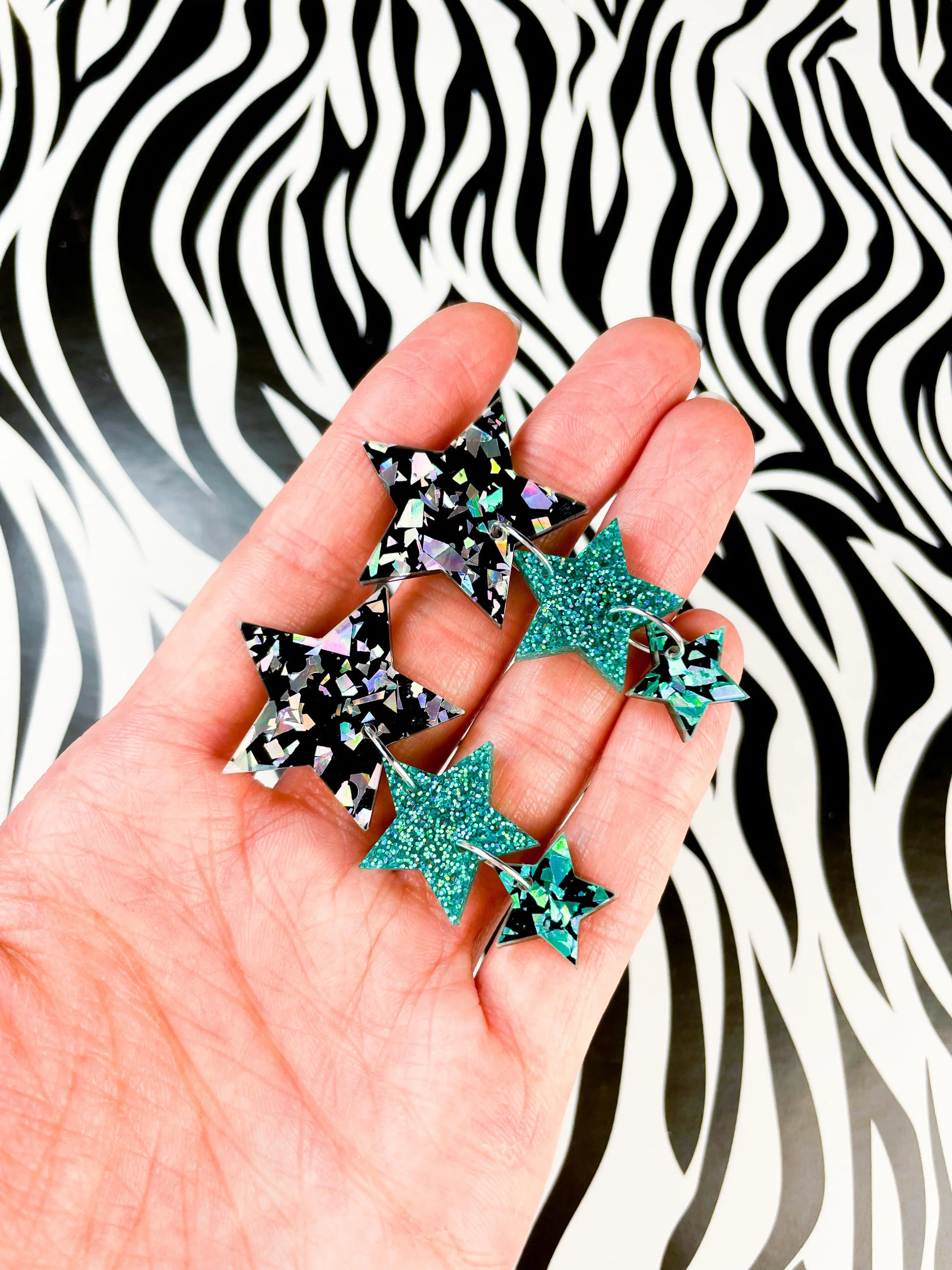 Teal, Black and Holographic Chunky Glitter Acrylic Star Trio Dangle Earrings from Sapphire Frills
