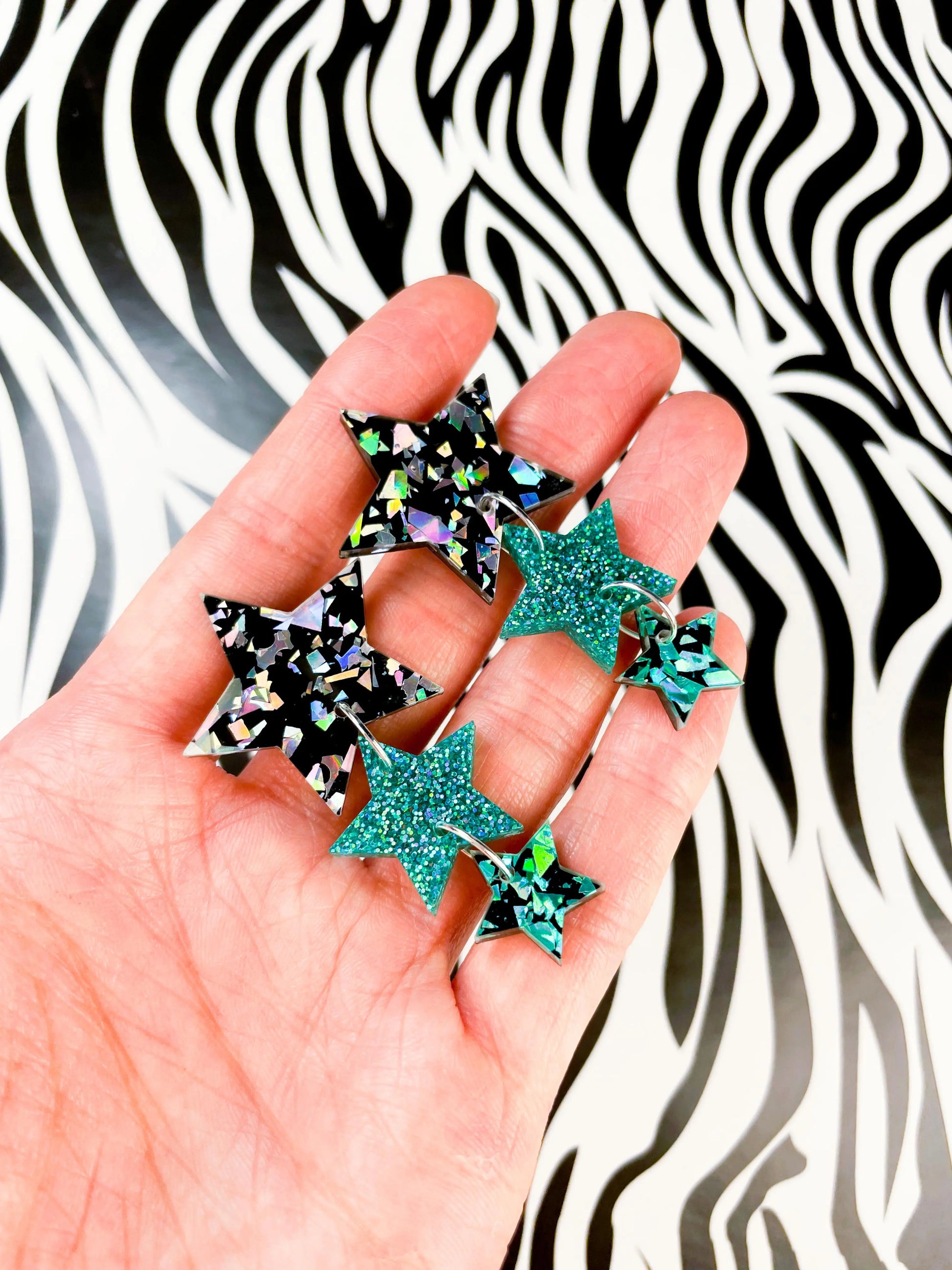 Teal, Black and Holographic Chunky Glitter Acrylic Star Trio Dangle Earrings from Sapphire Frills