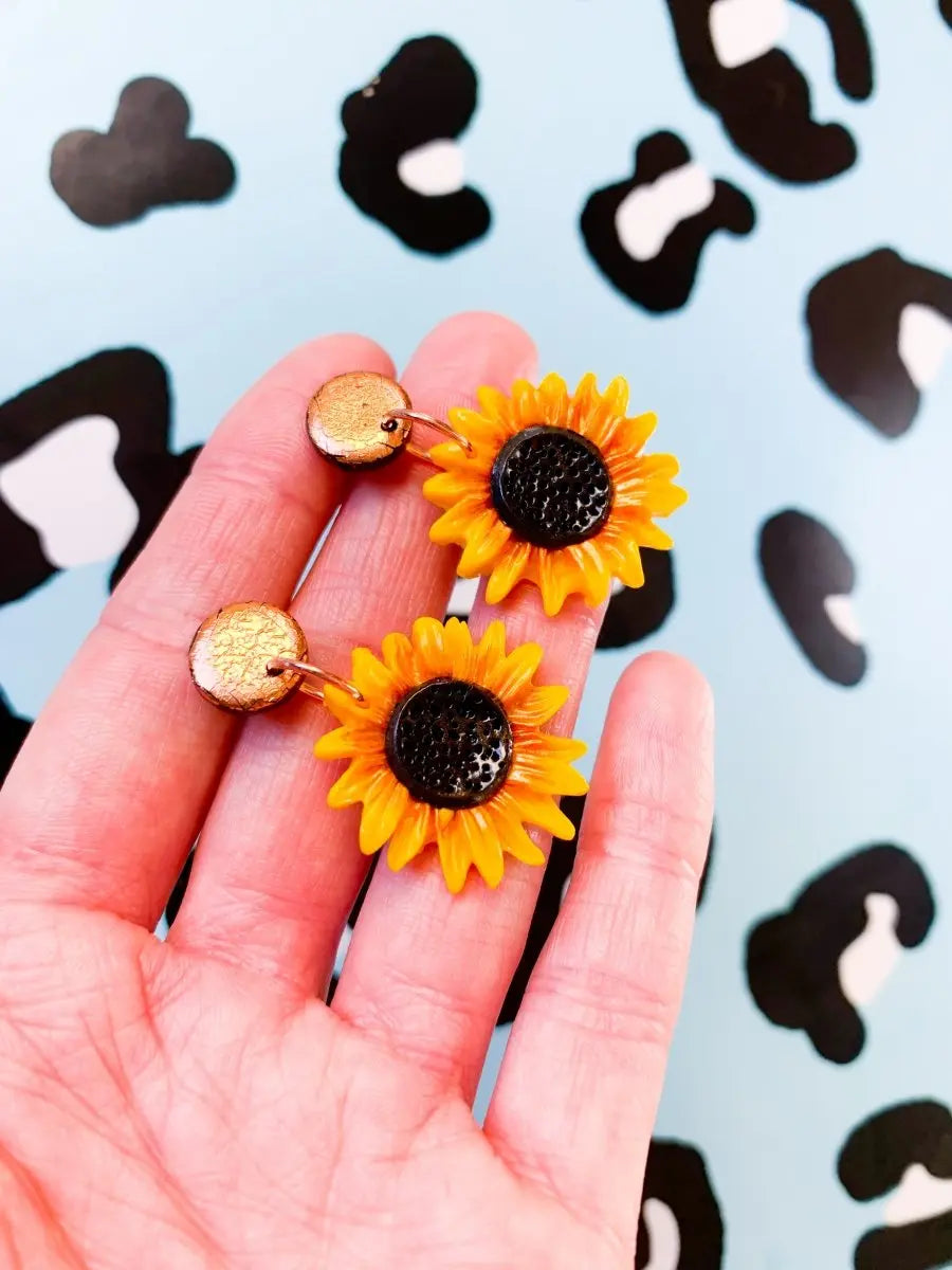 Yellow and Rose Gold Sunflower Dangle Earrings from Sapphire Frills