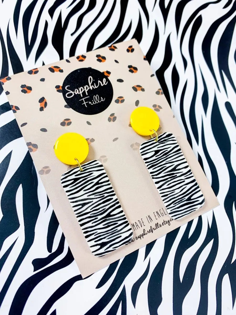 Yellow and White Zebra Print Rectangle Dangle Earrings Sapphire Frills