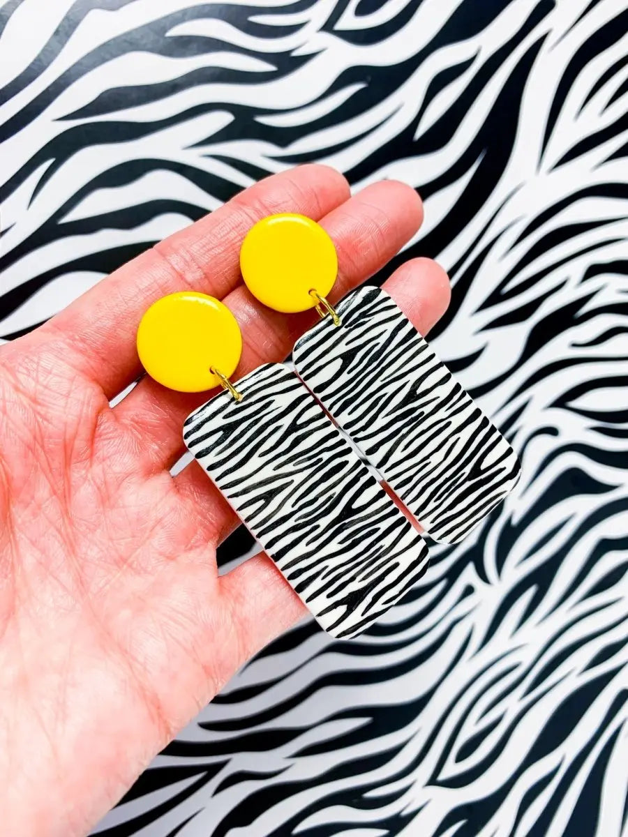 Yellow and White Zebra Print Rectangle Dangle Earrings Sapphire Frills