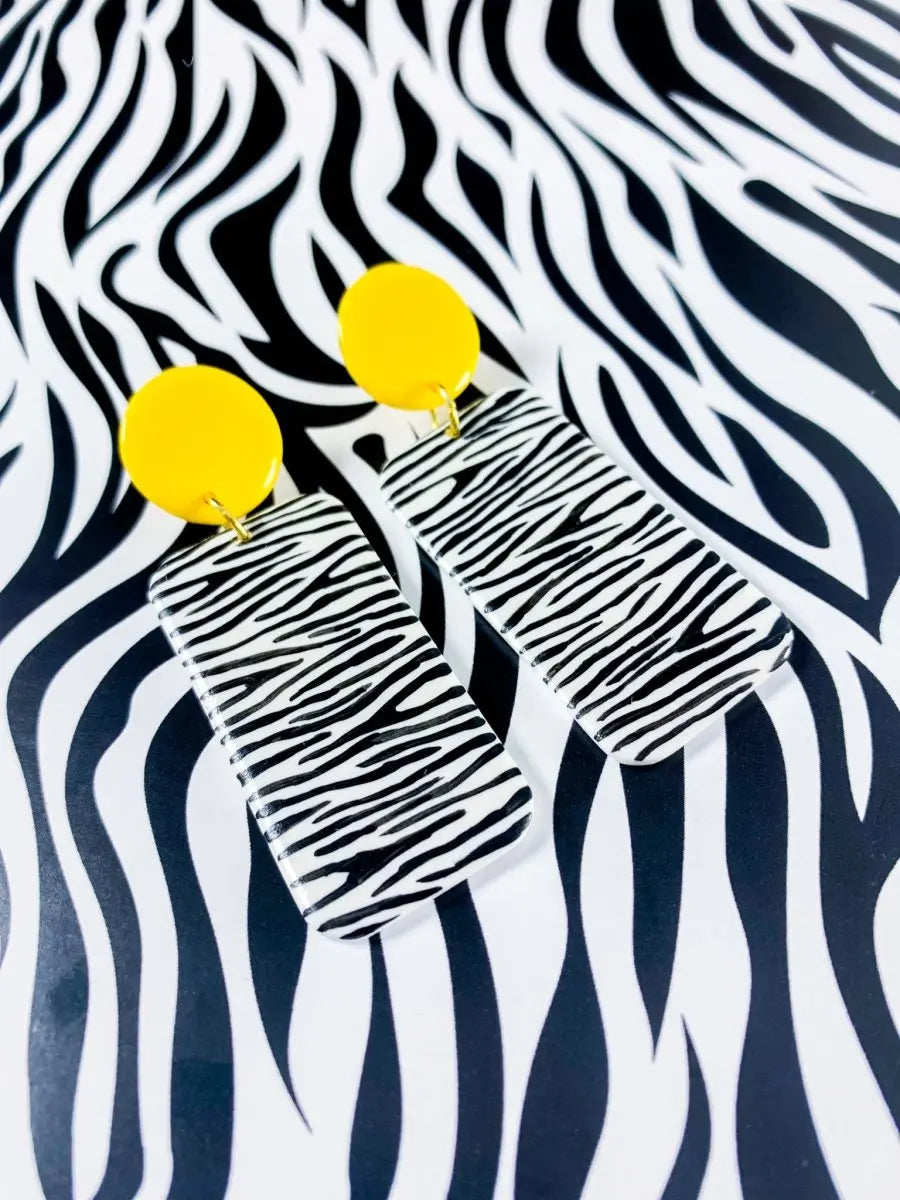 Yellow and White Zebra Print Rectangle Dangle Earrings Sapphire Frills